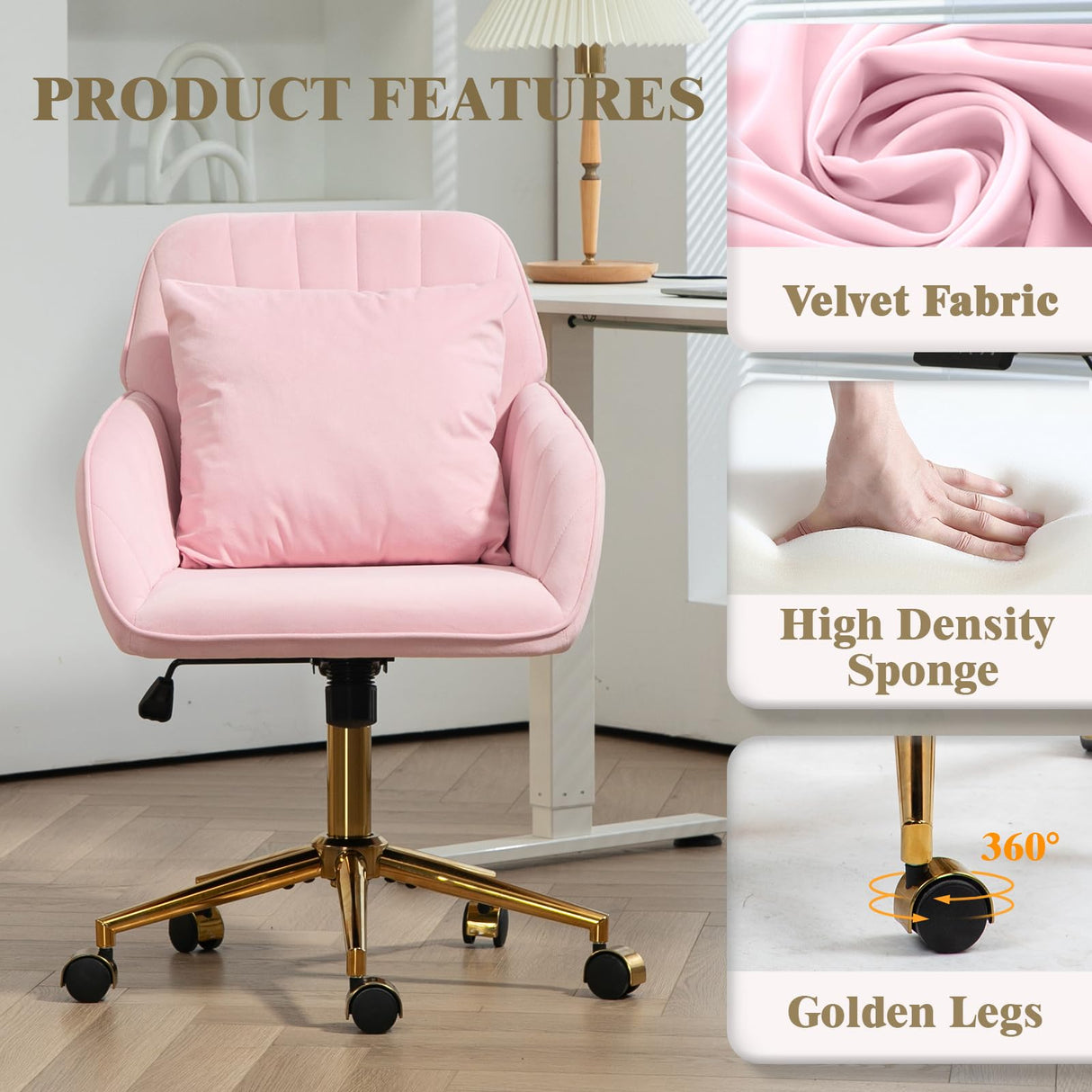 Modern Office Desk Chair with Back & Wheels for Makeup Room, Vanity Chair with Gold Legs & Pillow in Velvet, Home Computer Chairs for Indoor, 360°Swivel Office Chairs Adjustable Height (Pink) NTailed FOX