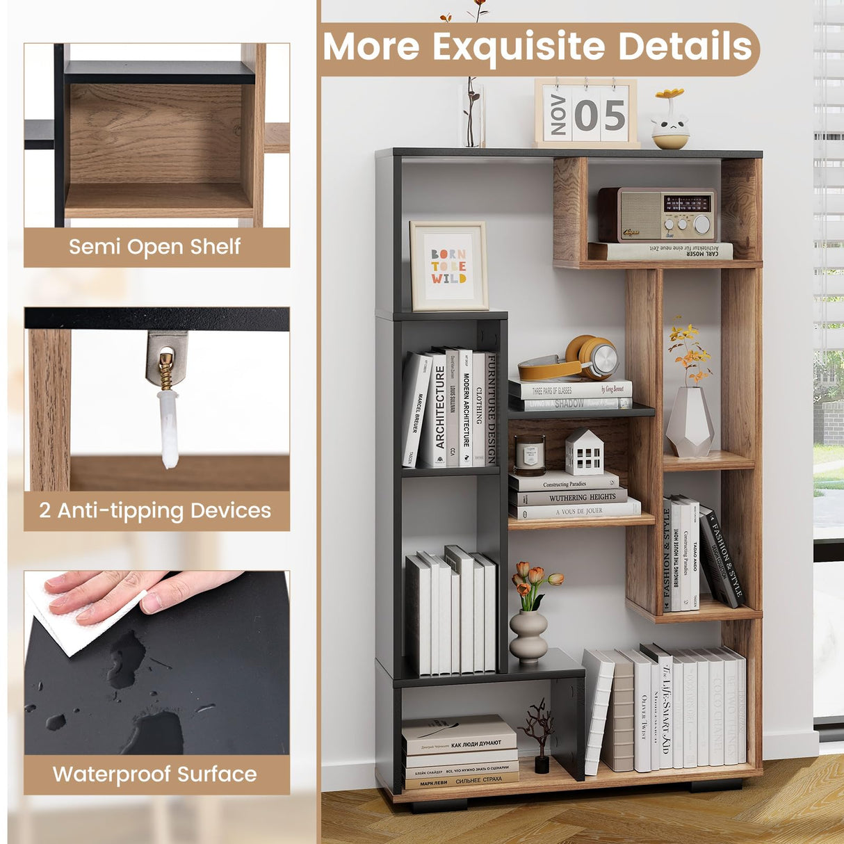 Tangkula Modern Geometric 47-Inch Bookshelf with 9 Cubes and Open Shelves for Stylish Storage Tangkula