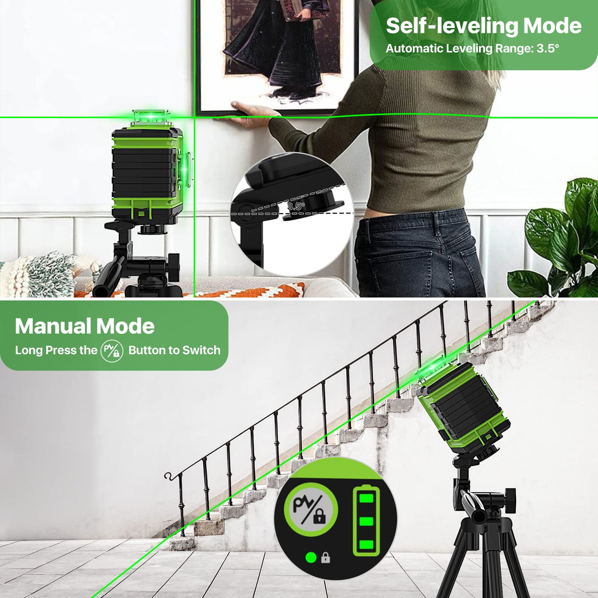 MAITHEUO Laser Level Self Leveling 3x360° Green Cross Line Outdoor Laser Level for Construction, with Remote Control, Rechargeable Batteries Work for MAITHEUO