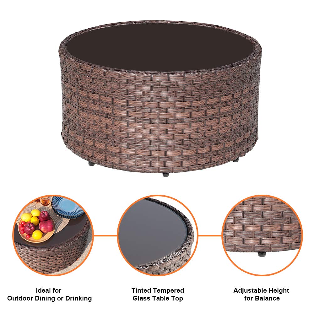 SUNSITT Round Outdoor Coffee Table with Tempered Glass Top, Rattan PE Resin Wicker Patio Side Table, Brown SUNSITT