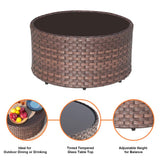 SUNSITT Round Outdoor Coffee Table with Tempered Glass Top, Rattan PE Resin Wicker Patio Side Table, Brown SUNSITT
