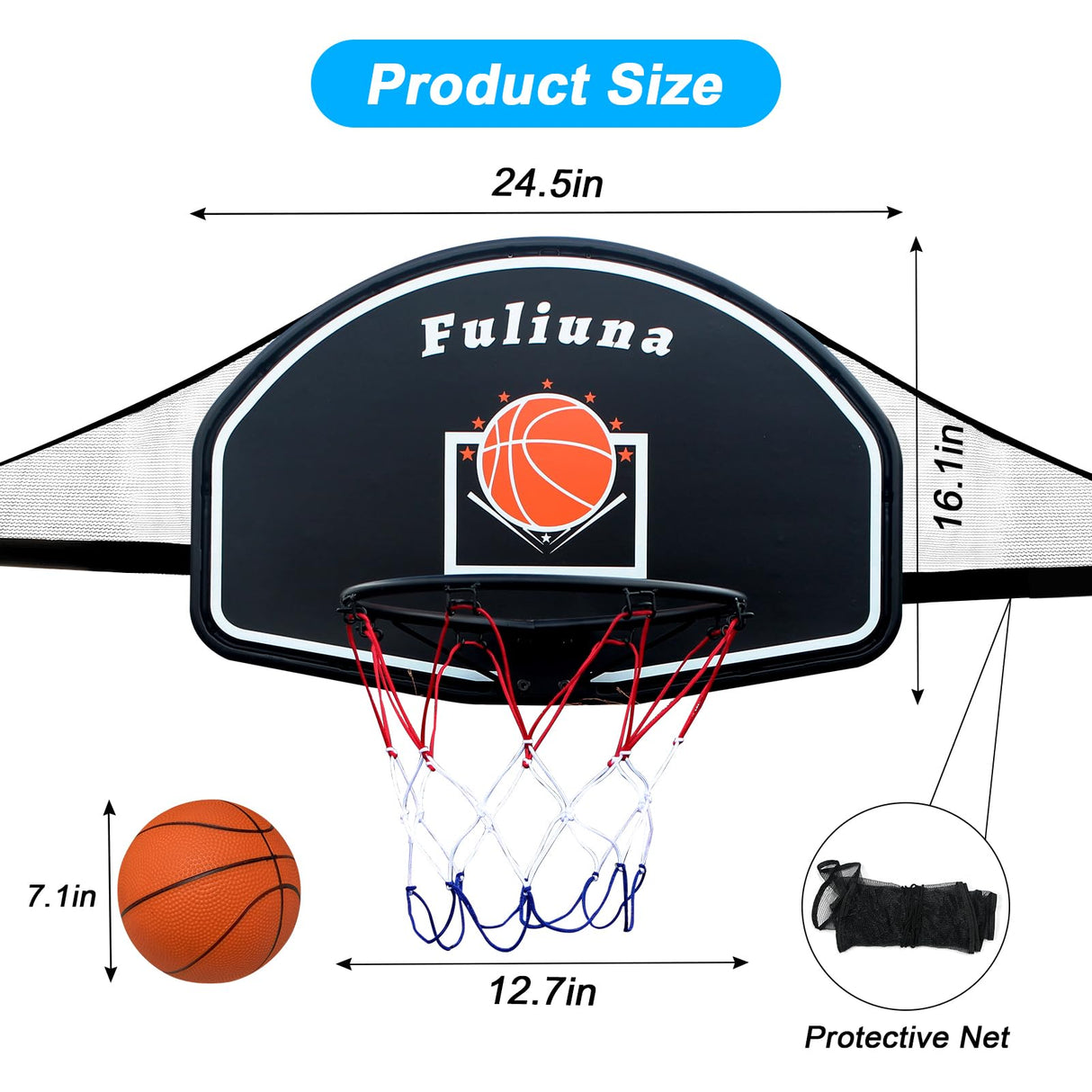 Alpcouts Trampoline Basketball Hoop, Basketball Hoop for Trampoline Fits for 25mm Straight Pole & Curved Pole, Trampoline Basketball Hoop Attachment with Protective Net,Mini Ball,Pump, Easy to Install Alpcouts