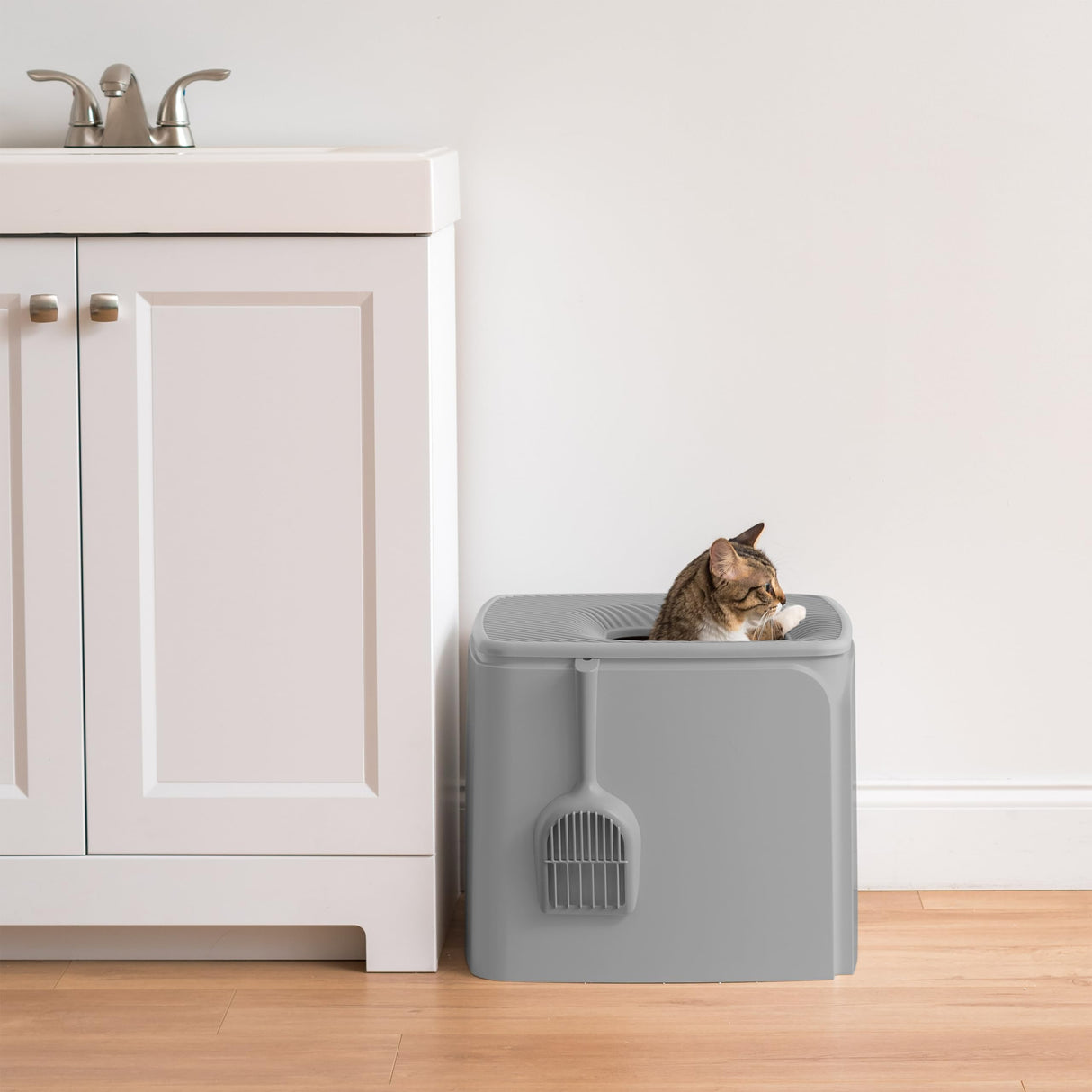 IRIS USA Premium Top Entry Cat Litter Box with Scoop, Square Enclosure for Cat and Kitty, Gray IRIS USA