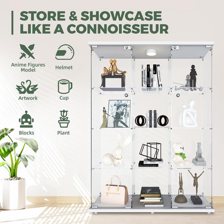 HAMBING Glass Display Cabinet with LED Light & Lock, 4 Shelves 3-Column Display Showcase, 2 Side Doors and Open Center Column, Tempered Glass Curio Cabinet for Bedroom, Living Room - White HAMBING
