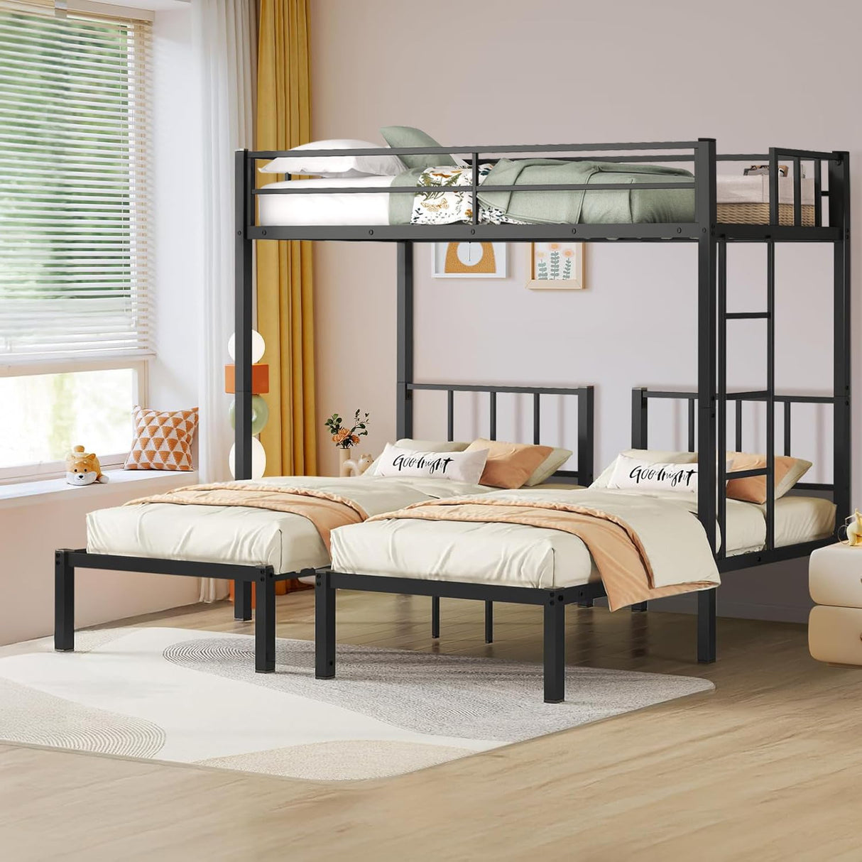 HKOLIE Twin Over Twin & Twin Bunk Beds for 3, Triple Bunk Bed for 3 with Guardrails, Ladder & Upper-Bed Platform, for Children, Teens, Adults, No Box Spring Needed (Detachable Triple Bunk Bed) HKOLIE