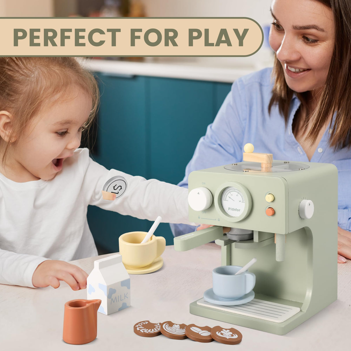Pithfor Kids Wooden Coffee Maker Toy with Grinder, Pretend Play Kitchen Appliances & Accessories Toy Gift for Kids Toddlers Boys Girls Pithfor