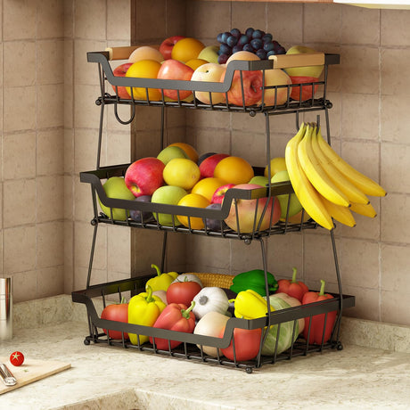 GILLAS 3 Tier Countertop Fruit Basket with 2 Banana Hangers for Kitchen, Detachable Metal Organizer for Bread Vegetable Fruits with Wooden Handle, Large Capacity Rectangular Storage Stand Bowls, Black GILLAS