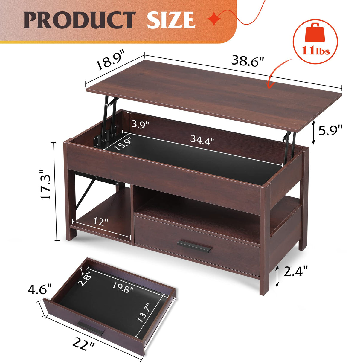 WLIVE Lift Top Coffee Table, 39" Coffee Table with Storage Drawers, Hidden Compartment, Wooden Lift Tabletop Center Table for Living Room, Home, Rustic Oak WLIVE