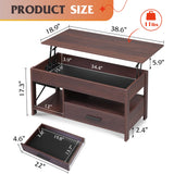 WLIVE Lift Top Coffee Table, 39" Coffee Table with Storage Drawers, Hidden Compartment, Wooden Lift Tabletop Center Table for Living Room, Home, Rustic Oak WLIVE