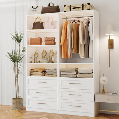 Secilix Closet System with 6 Drawers, 48" Wood Closet Organizer System, Walk-in Closet or Small Closet System with Shelves, Modular Closet Systems with 3 Expandable Hanging Rods, 2 Sets, White (4FT)