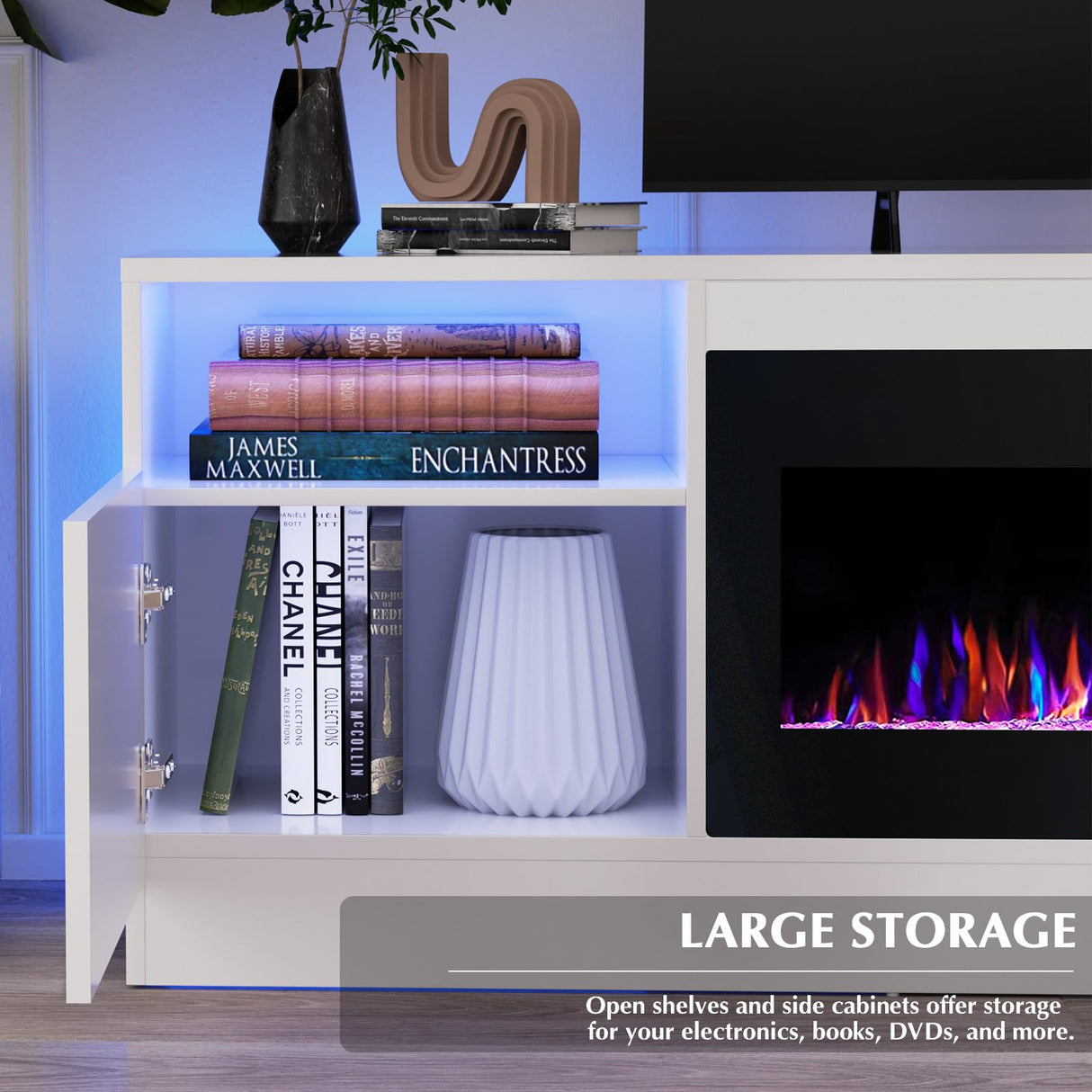 Lemberi Fireplace tv Stand with 36 inch Fireplace Up to 80" TVs,LED Light Entertainment Center and Storage, 70" Modern Wood Media TV Console with Highlight Cabinet for Living Room (White) LEMBERI