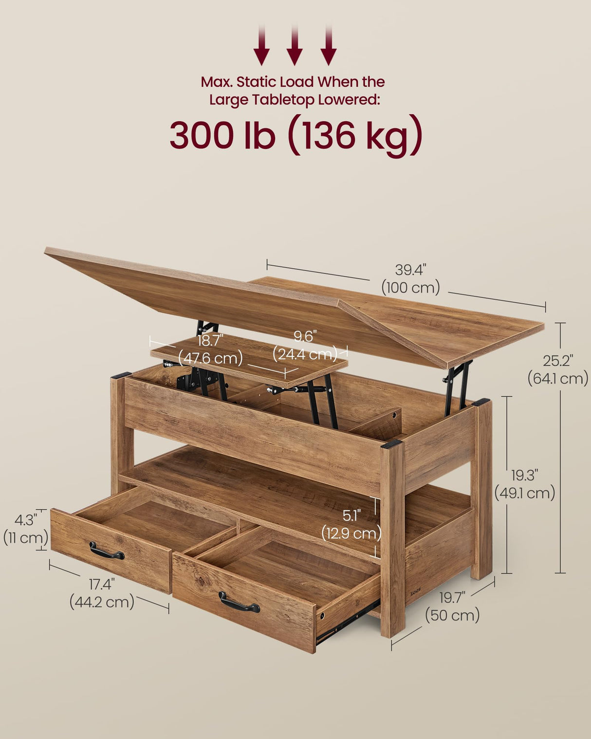 VASAGLE Coffee Table Lift Top, 3 in 1 Center Table with Storage, Gas Spring, 2 Drawers and 3 Hidden Compartments, Open Shelf, for Living Room, Home Office, Honey Brown ULCT254K01 VASAGLE