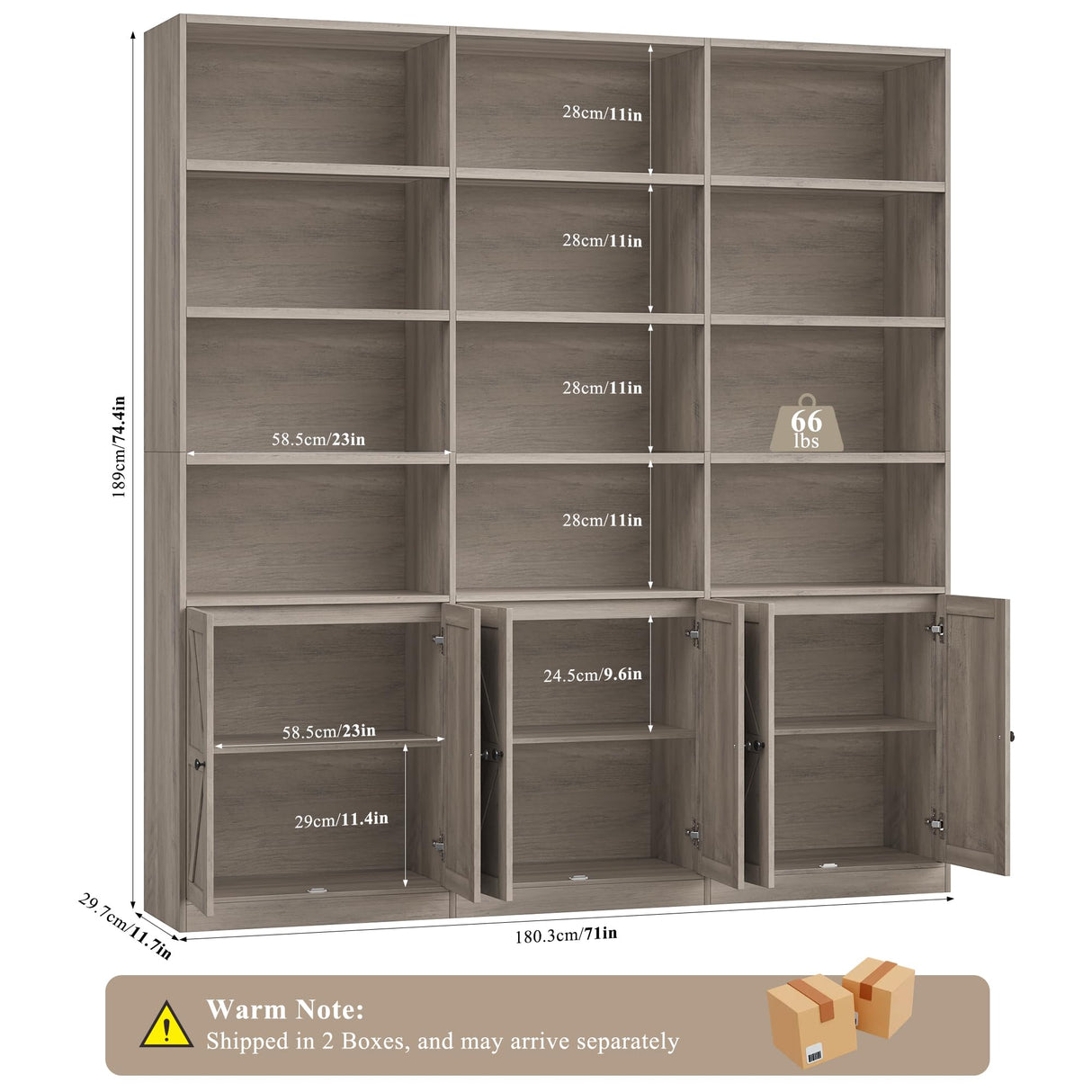 FACBOTALL 75" Triple Wide Bookshelf, Bookshelf and Bookcase with 6 Farmhouse Doors, 71" Wide 6 Tier Book Shelf with 18 Storage Shelves, Large Wooden Bookshelves, Tall Bookcase for Home Office, Gray FACBOTALL