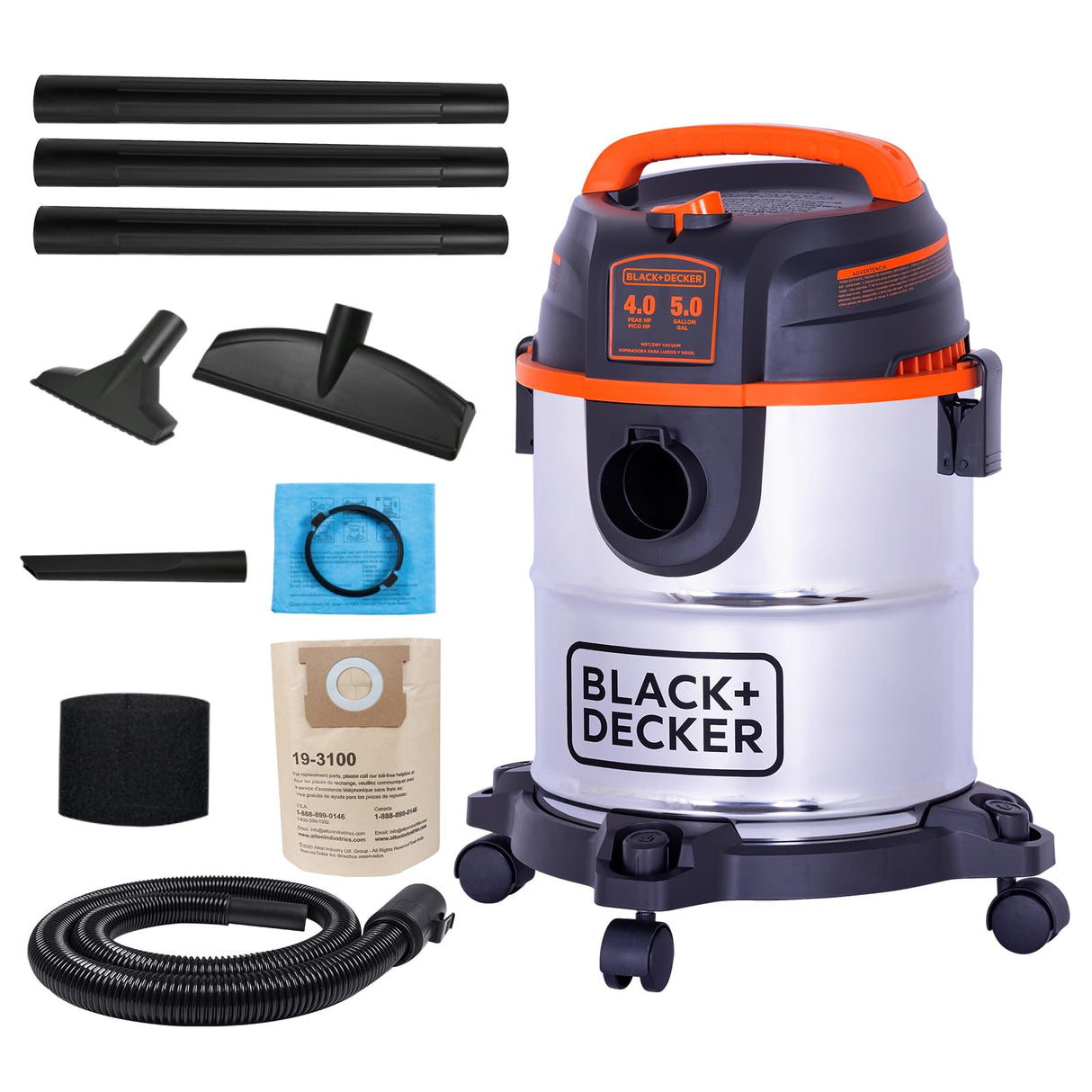 BLACK+DECKER 5 Gallon Shop Vacuum Wet and Dry, 4.0 Peak HP, Stainless Steel Tank, Shop Vac with Accessories for Home, Pet, Workshop and Car(BDXV18143) BLACK+DECKER