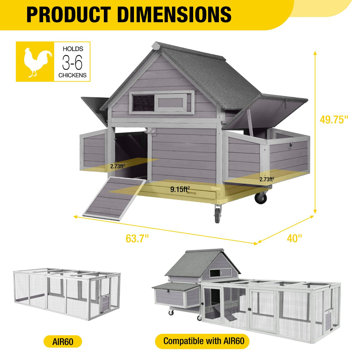 Aivituvin Chicken Coop with Wheels Outdoor Poultry Cage with Two Nesting Boxes 19ft² Wooden Hen House Aivituvin