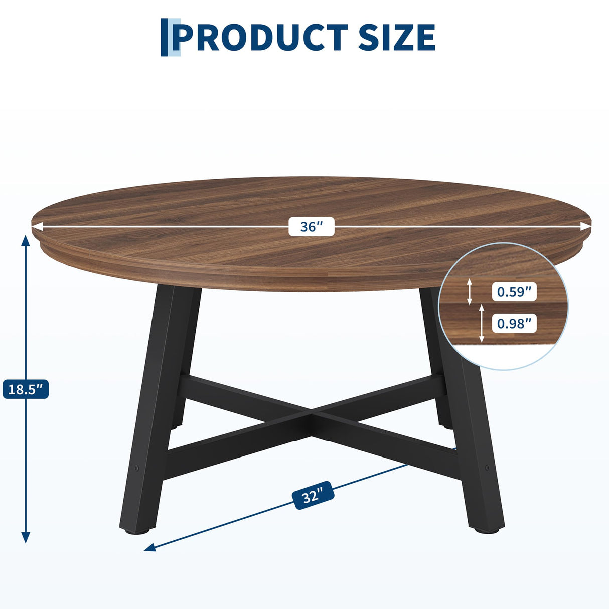 GarveeHome Round Coffee Table 36" Center Table,Large Coffee Table Industrial Accent Tables with Adjustable Feet, Living Room Tables with Thickened Legs and Designed Wood Grain, Easy Assemble GarveeHome