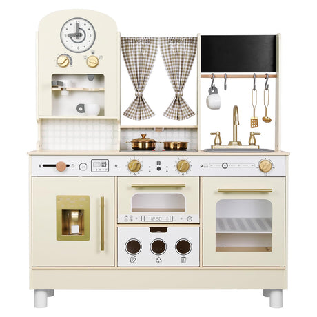 EDUBEBO Kids Kitchen playset, Wooden Play Kitchen, Height Adjustable, Comes with Various Kitchen Accessories, Ideal Role Play Toy Gift for Toddlers and Kids Ages 3-8 (White) EDUBEBO
