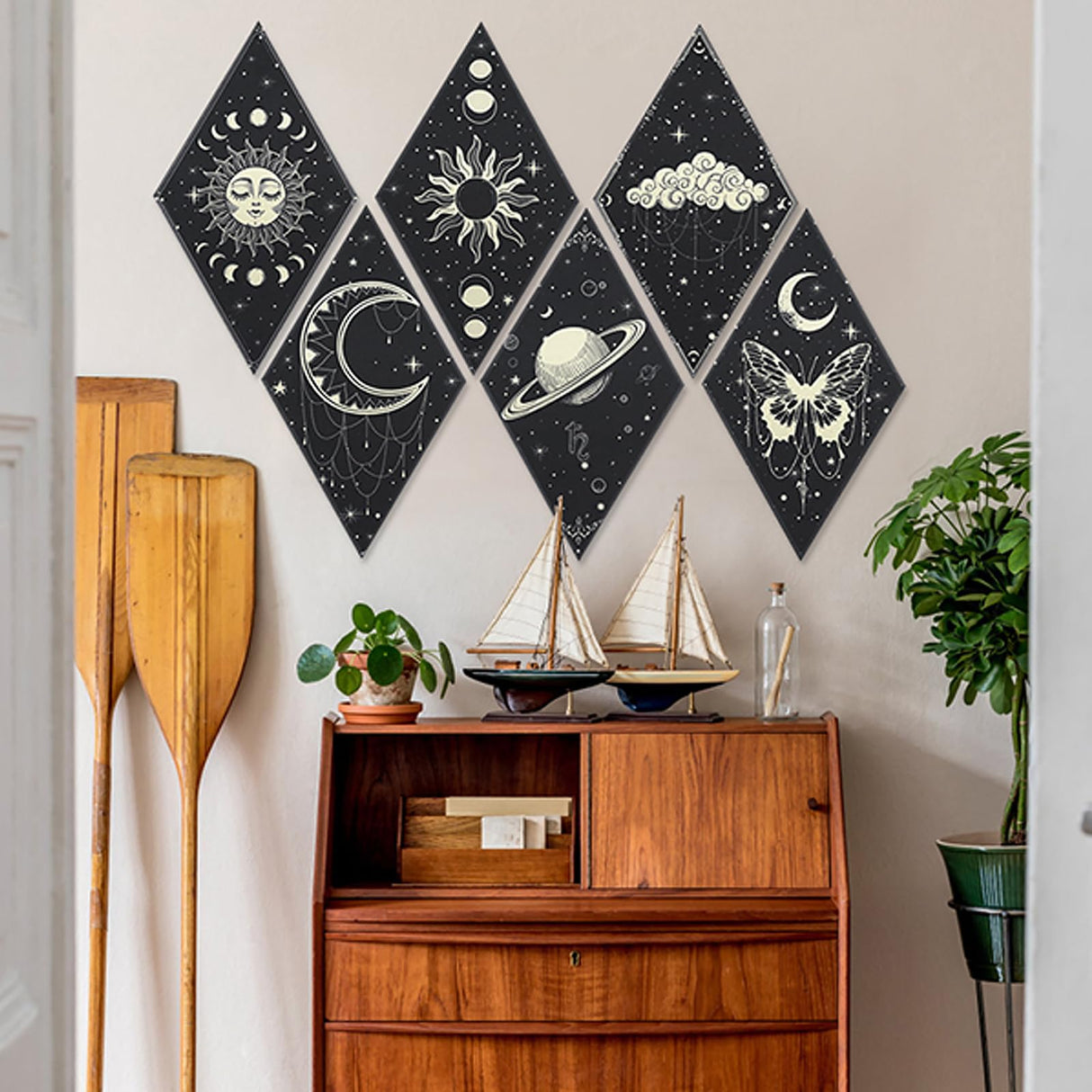 Tutmyrea 6 Pack Art Acoustic Panels Soundproof Wall Panels with Self-Adhesive, 20x12inchs Sound Absorbing Panels Boho Wall Decor, Gothic Decorative Acoustical Wall Panels Moon Stars Sun Phases Tutmyrea