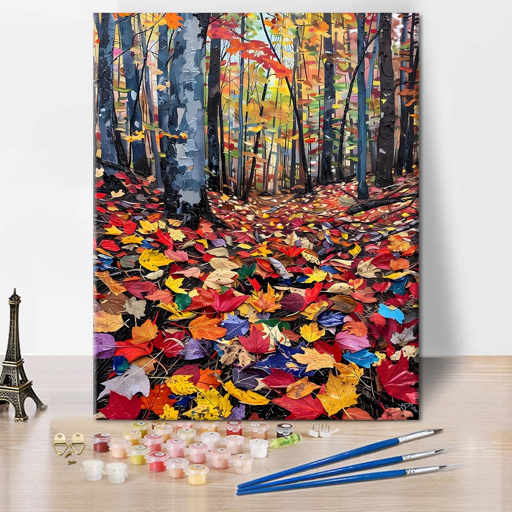 Paint by Number for Adult, Forest Paint by Numbers Kit for Adults Beginners, DIY Fallen Leaves Acrylic Painting on Canvas for Home Wall Decor, Maple Leaf Oil Painting for Gift 16"x20"(Frameless) TUMOVO