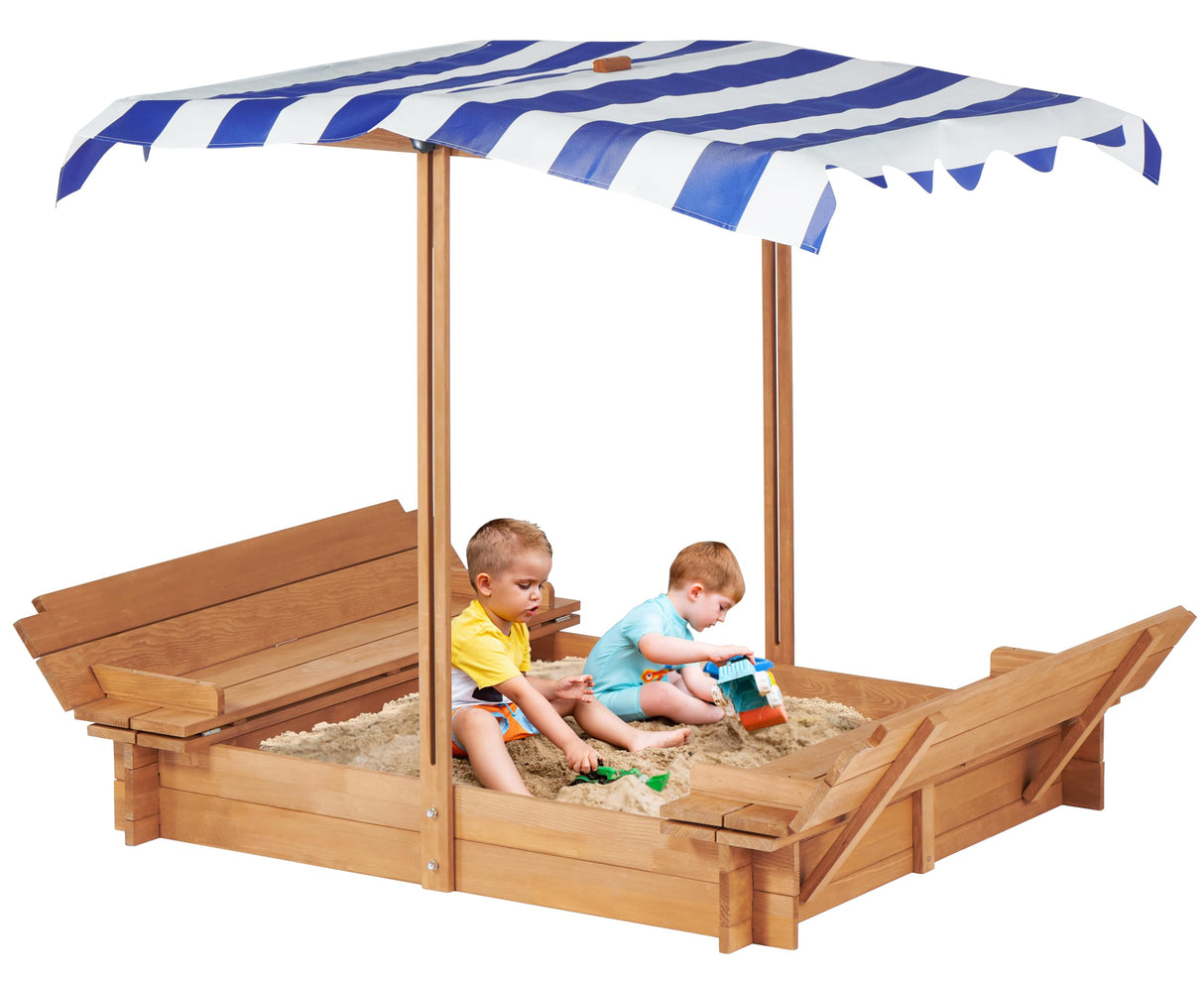 Kids Sandbox with Adjustable Cover and Foldable Bench Seats, 46''x46'' Outdoor Wooden Sandpit for Backyard Play SoliWood