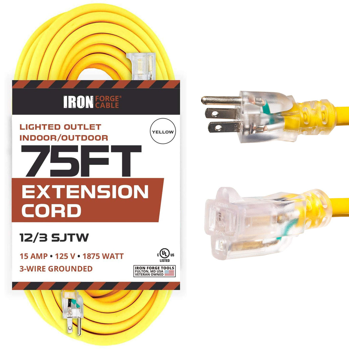 Iron Forge Cable 12 Gauge Extension Cord 75 ft, 12/3 SJTW 75 Foot Heavy Duty Extension Cord Outdoor 3 Prong, Weatherproof Yellow Power Cable 15 Amp, Great for Major Appliances IRON FORGE CABLE