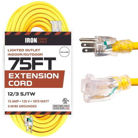 Iron Forge Cable 12 Gauge Extension Cord 75 ft, 12/3 SJTW 75 Foot Heavy Duty Extension Cord Outdoor 3 Prong, Weatherproof Yellow Power Cable 15 Amp, Great for Major Appliances IRON FORGE CABLE