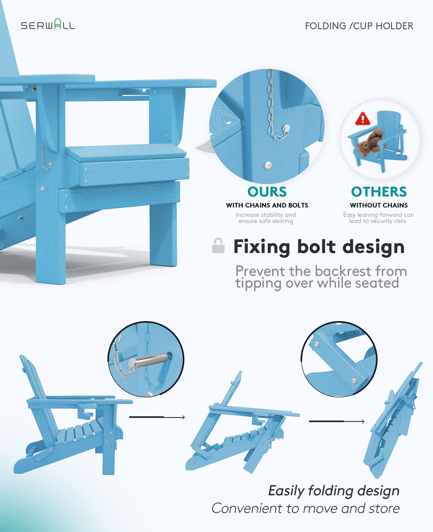 SERWALL Adirondack Chair with Cup Holders - Composite Adirondack Chairs HDPE Outdoor Chairs All Weather Use- Light Blue - WoodArtSupply