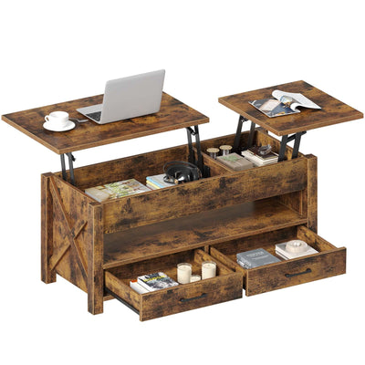 Seventable Coffee Table, 47.2" Lift Top Coffee Table with 2 Storage Drawers and Hidden Compartment, Farmhouse Center Table with Wooden Lift Tabletop, for Living Room,Rustic Brown