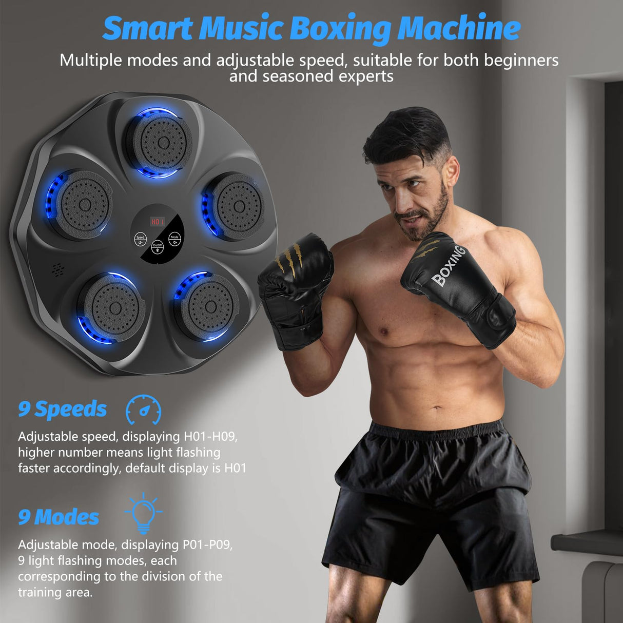 TGLLM Music Boxing Machine, Interactive Punching Trainer with Boxing Gloves, Large Size Wall Mounted Electronic Boxing Target for Adults Kids, 9 Modes & 9 Speeds TGLLM