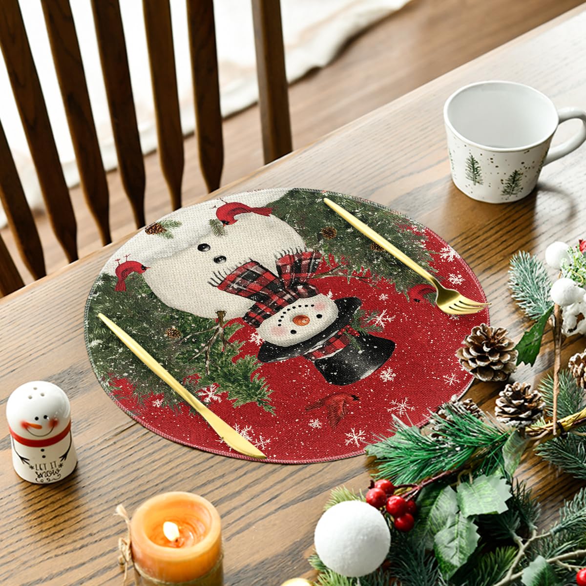 Artoid Mode Snowman Trees Snowflakes Christmas Round Placemats Set of 4, 14 Inch Winter Round Table Mats for Dining Decoration Artoid Mode