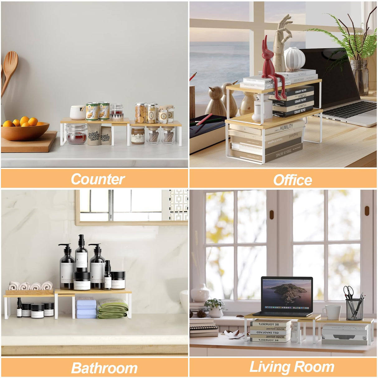 NEX Bamboo Kitchen Cabinet and Counter Shelf Organizer, Stackable & Expandable, White and Natural NEX