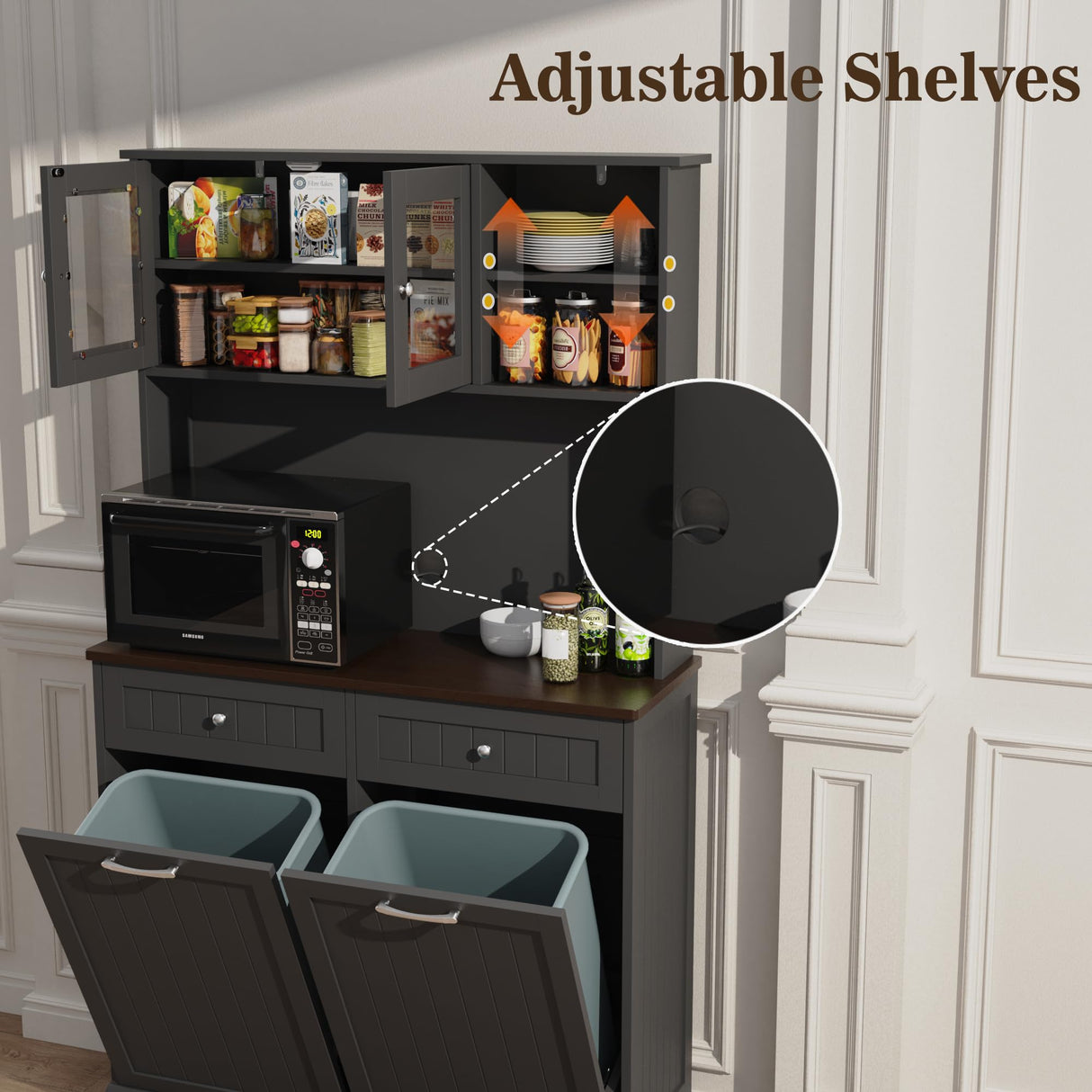 YOCONYO Double Tilt Out Trash Cabinet Storage Cabinet 20 Gallon with Two Solid Wood Hideaway Trash Holder Drawers, Dual Wooden Free Standing Recycling Cabinets Trash Can Bin Kitchen (Black) YOCONYO