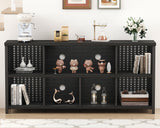 LVB Black Horizontal Bookshelf, Modern Cube Storage Organizer Bookcase, Industrial Wide Long Wood Metal Book Shelf, Farmhouse Low Large Cube Shelf for Office Home Bedroom Living Room, Black Oak, 63 In LVB