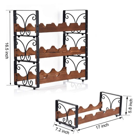X-cosrack Rustic 3 Tier Stackable Wine Rack Freestanding 12 Bottles Organizer Holder Stand Countertop Liquor Storage Shelf Solid Wood & Iron 17" L x 7.2" W x 16.5" H-Patent Design X-cosrack