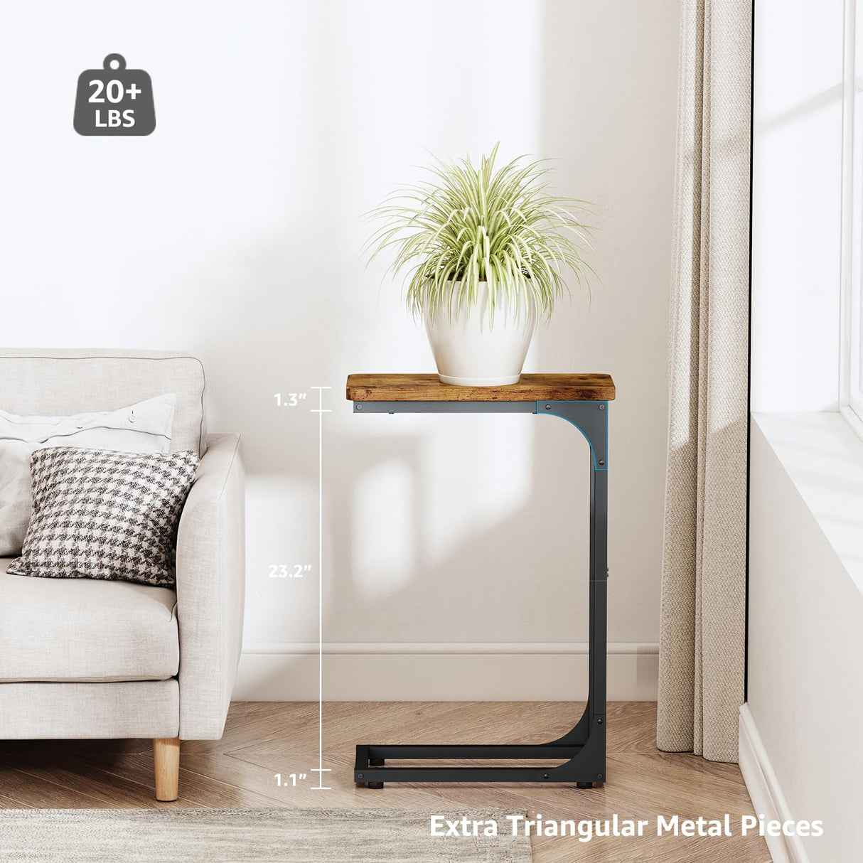 QEEIG Narrow C Shaped Side Table Set of 2 Living Room Sets Slim Couch Tray Tables Skinny Thin Small Farmhouse 7 inch Width, Rustic Brown (017-18BN) QEEIG