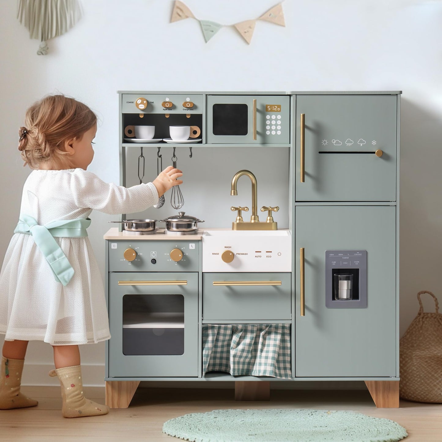 ROBUD Play Kitchen Set, Wooden Play Kitchen with Ice Maker, Fridge, Coffee Machine, Oven, Dishwasher, Microwave, Kitchen Accessories, Toy Kitchen Gift for Boys Girls, 3+