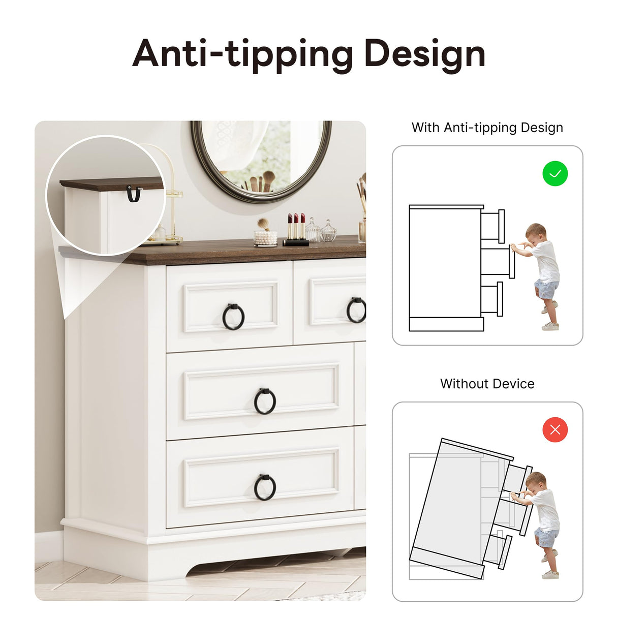 LIKIMIO Farmhouse Dresser for Bedroom with 7 Drawer, 47.2" Wide Wood Rustic Chest of Drawers with Round Metal Handle, Thickened Desktop, Storage Dressers for Bedroom, Hallway, Entryway, White LIKIMIO