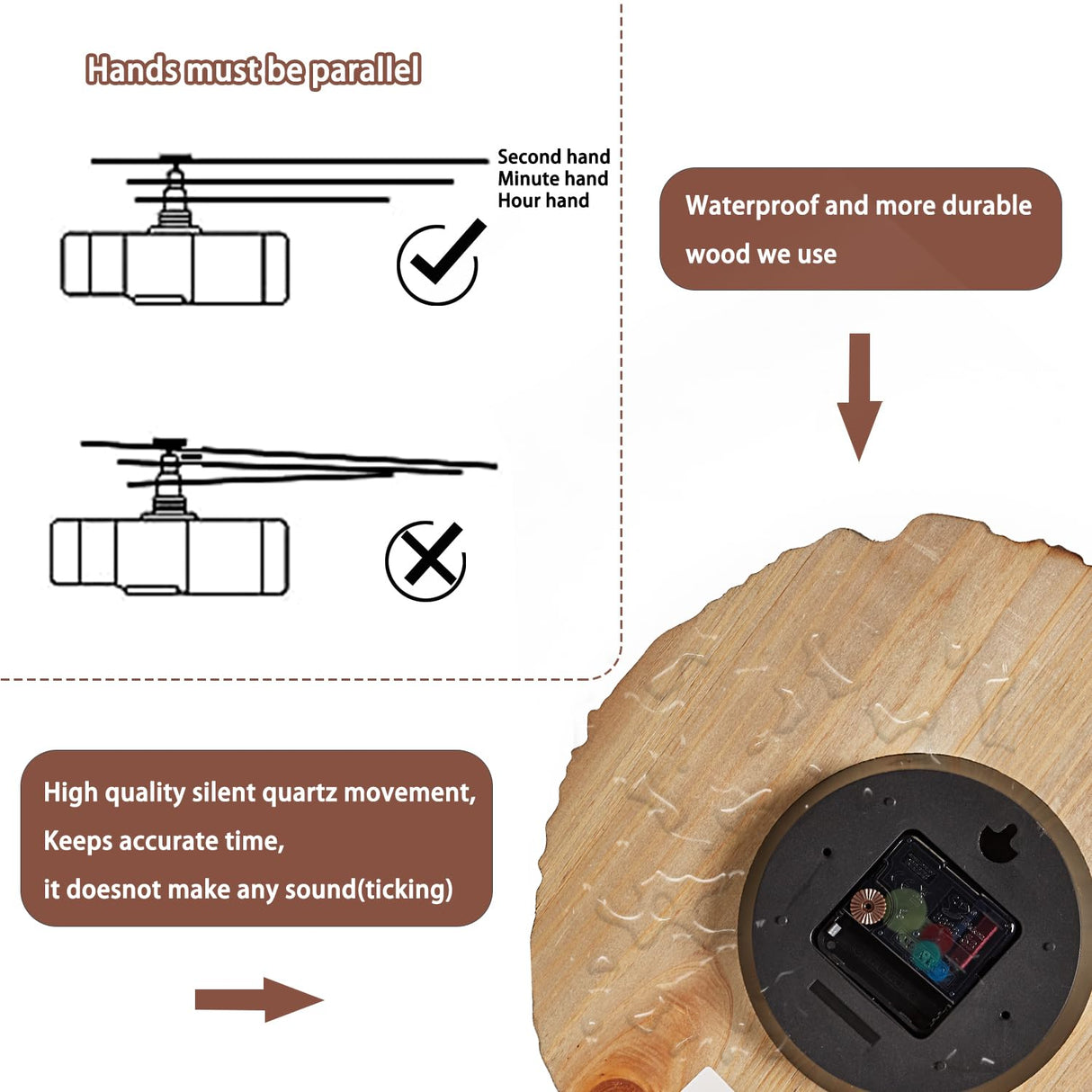 YRUDMBIN Rustic Wall Clock Silent 12 Inch Battery Operated Wooden Home Decor for Bathroom Kitchen Bedroom Living Room,Annual Ring YRUDMBIN