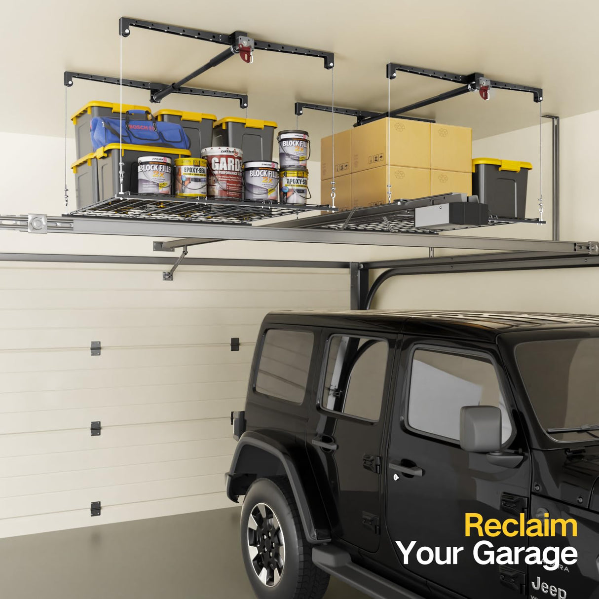 Overhead Garage Storage Rack, 4x4 Ft Garage Ceiling Storage Lift, Heavy-duty Ceiling Mounted Garage Storage Lift System for Garage Organization, 250lbs Weight Capacity KOKORACKER