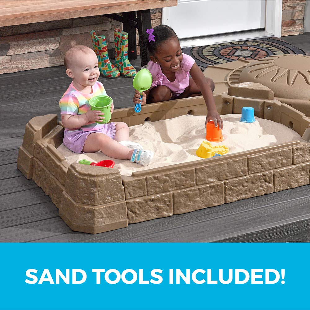 Step2 Naturally Playful Sandbox II, Kids Sand Activity Sensory Play Pit, Summer Outdoor Toys, 7 Piece Toy Accessories, for Toddlers 1+ Years Old Step2