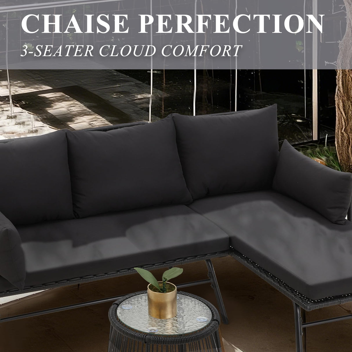 Bezseller 3-Piece Outdoor Patio Furniture Set – L-Shaped Rattan Sectional Sofa with Detachable Lounger, Glass Coffee Table & 4" Cushions – All-Weather PE Wicker for Backyard, Porch, Poolside Bezseller