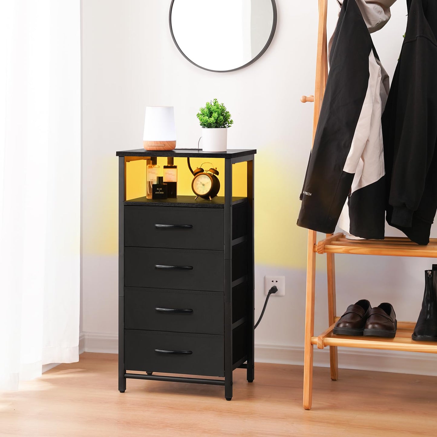 Yoobure Night Stand - Small Dresser for Bedroom, LED Black Nightstand with Charging Station, Bedside Table with 4 Fabric Drawers and Open Shelf, Vertical Dressers with USB Ports and Outlets