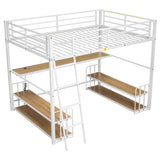 Ziraukon Full Size Metal Loft Bed with Desk and Storage, Heavy Duty Metal Loft Bed with Storage Shelves and Charging Station, Safety Guardrail, Ladder, Space Saving, White Ziraukon