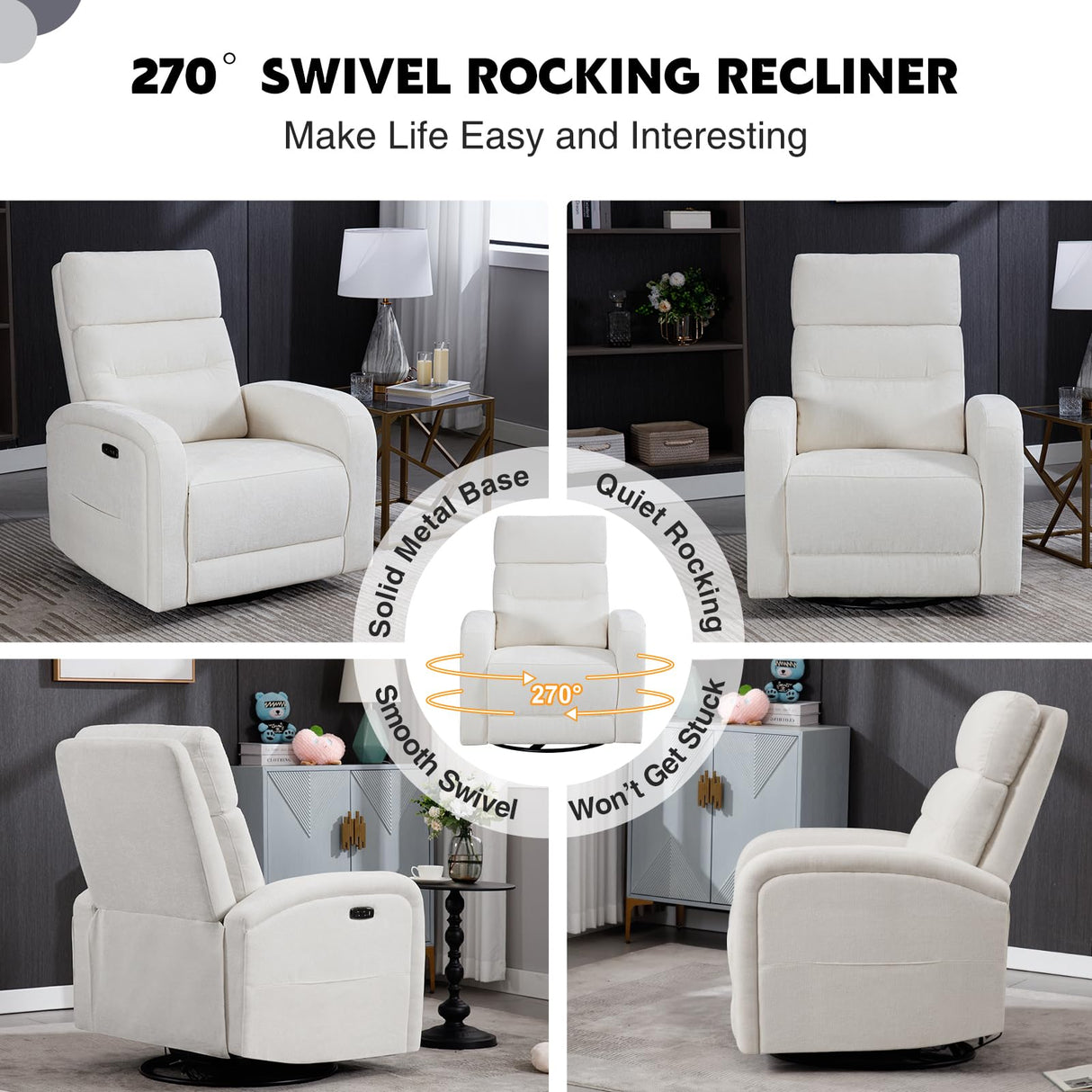 BaseBeauty Power Glider Recliner Nursery Rocking Chairs with USB, Electric Swivel Rocker Glider Chair for Living Room, Upholstered Recliner Chairs for Bedroom, Bedroom, Chenille White BaseBeauty