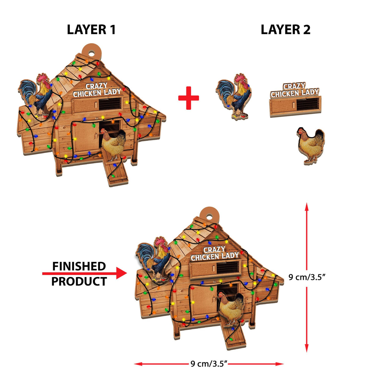 ROLOL Chicken Coop Ornaments, Funny Christmas Ornament Farmhouse Countrycore Seasonal Decor, Gift for Farmer, 2-Layer Wooden Ornaments 3.5 Inches ROLOL