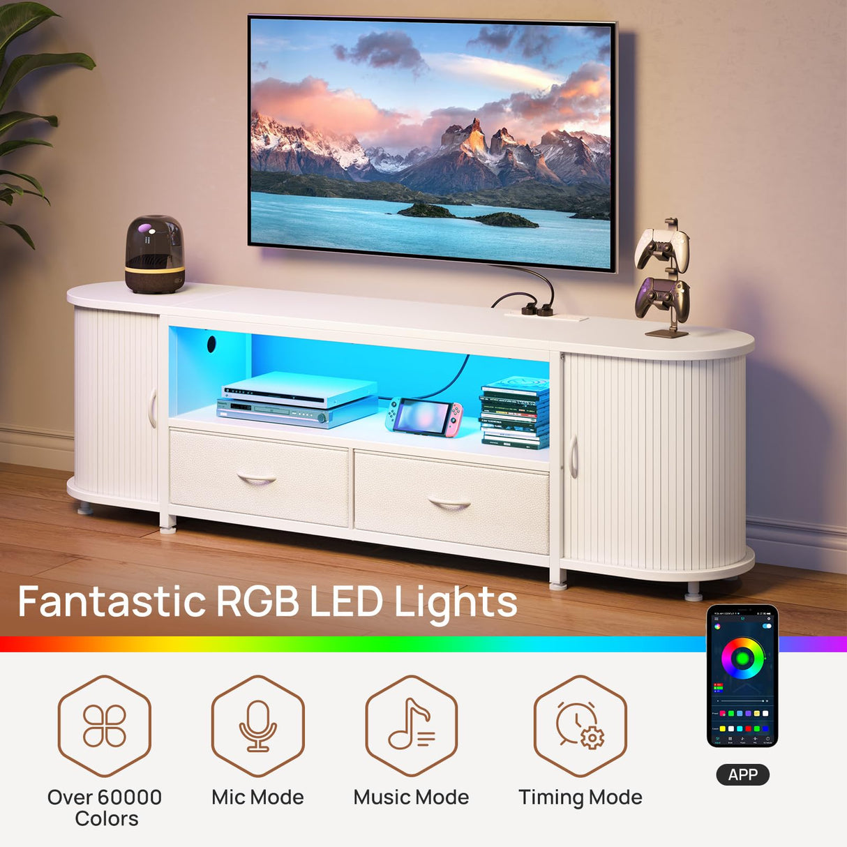 Rolanstar TV Stand for 65 70 inch TV, Entertainment Center with Power Outlet and LED, 2 Fabric Drawers TV Console with 2 Cabinet, Open Shelf, Sliding Door, Media Console for Bedroom/Living Room Rolanstar