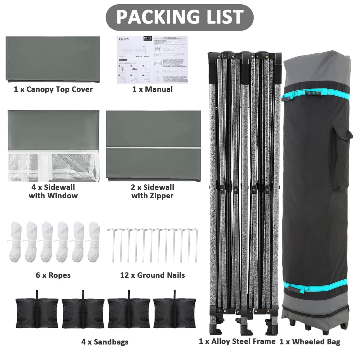 COBIZI 10x20 Pop Up Canopy with 6 Sidewall,Heavy Duty Canopy UPF 50+ All Season Wind Waterproof Commercial Outdoor Wedding Party Tents for Parties Canopy Gazebo with Roller Bag(10 x 20 ft Gray) COBIZI