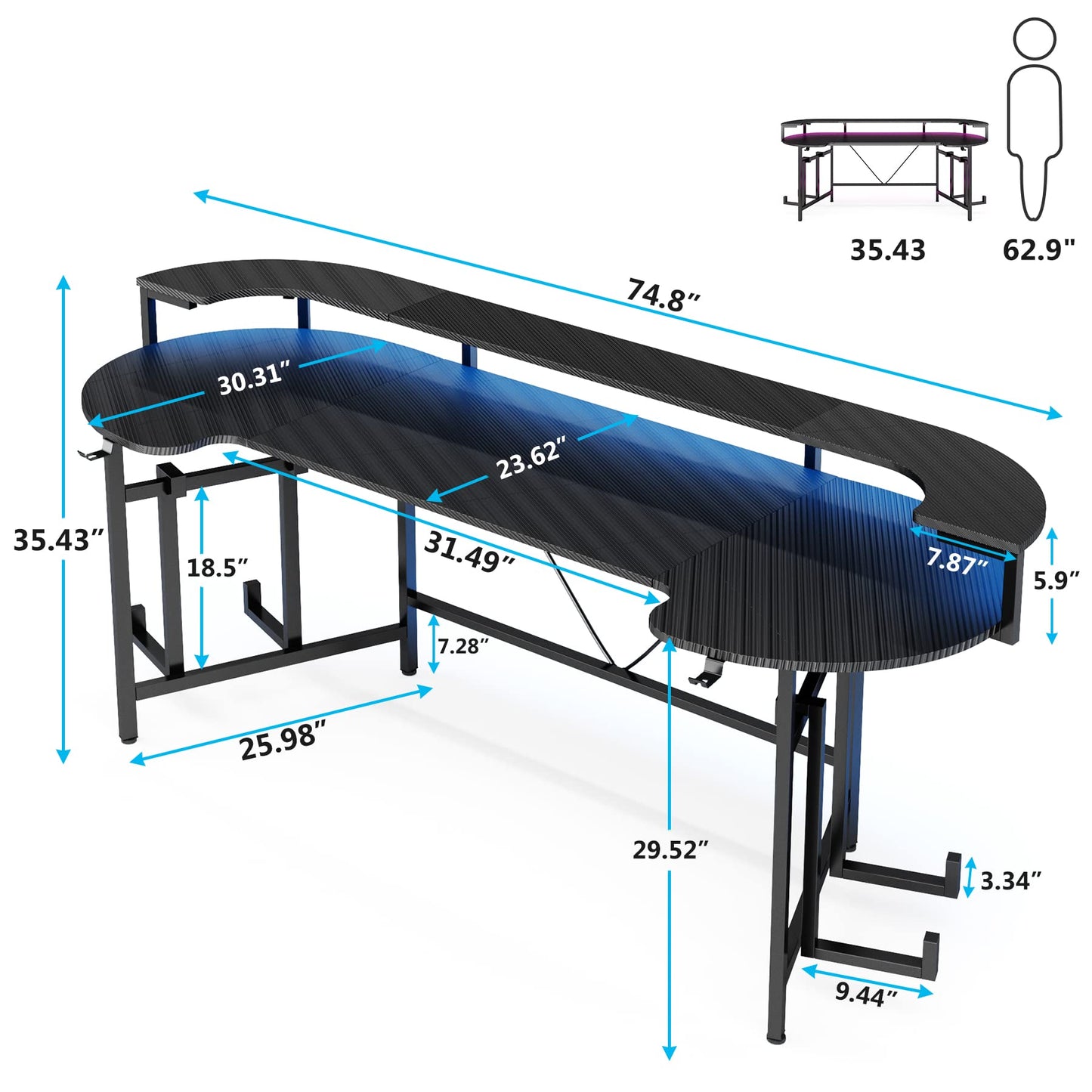 Tribesigns 75 Inch Gaming Desk with Monitor Shelf, Large PC Computer Desk with LED Lights, Gaming Table Gamer Desk for Bedroom, Home Office, Black