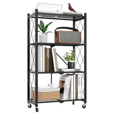 FREGREE 50" H 4 Tier Foldable Storage Shelf with Wheels, Folding Shelving Loads 400 LBS, Metal Steel Garage Shelves, Rolling Standing Utility Rack for Kitchen, Pantry, Office, Black FREGREE