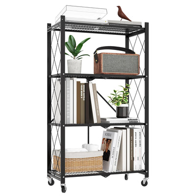 FREGREE 50" H 4 Tier Foldable Storage Shelf with Wheels, Folding Shelving Loads 400 LBS, Metal Steel Garage Shelves, Rolling Standing Utility Rack for Kitchen, Pantry, Office, Black